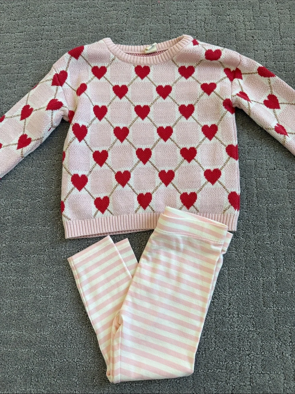Tucker + Tate Pink Sweater and Striped Legging Pajama Set with Red Hearts